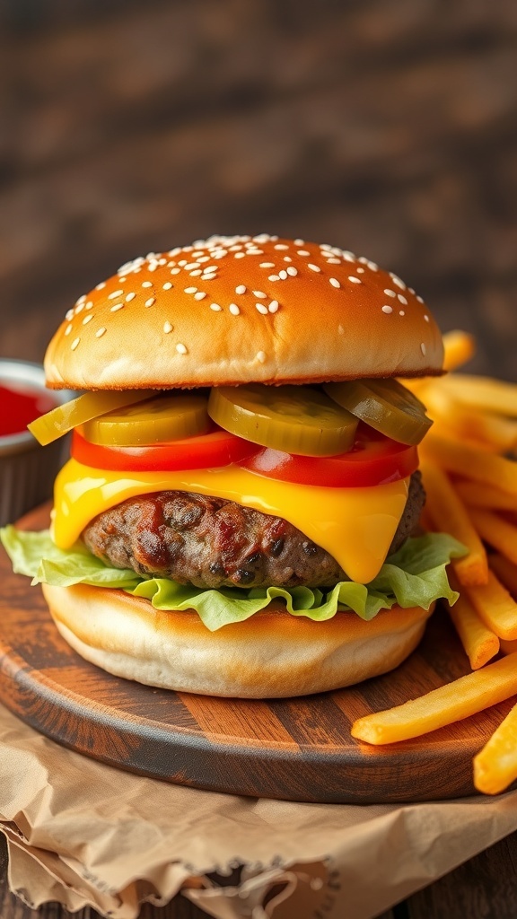 A classic cheeseburger with beef patty, cheese, lettuce, tomato, and pickles on a toasted bun, served with fries.